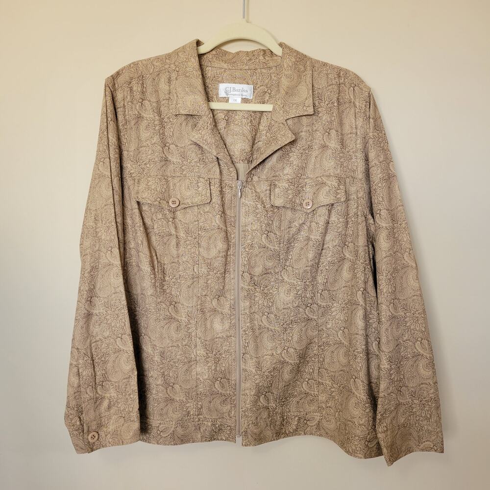 CJ Banks 1X Linen Blend Shacket Jacket Long Sleeve Full Zip Collared Pockets